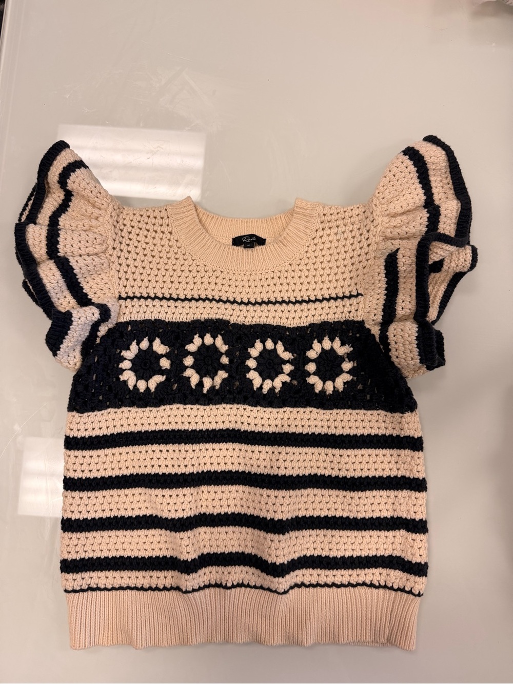 Rails | Cream & Dark Navy Crochet Puff Sleeve Top